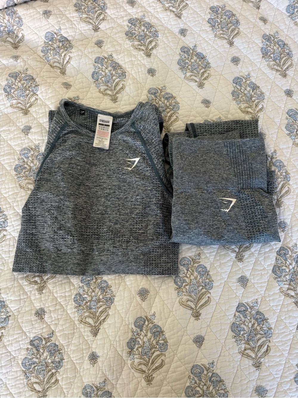 Gymshark Grey/Teal Blue Marl Seamless Workout Set Crop Top & Leggings